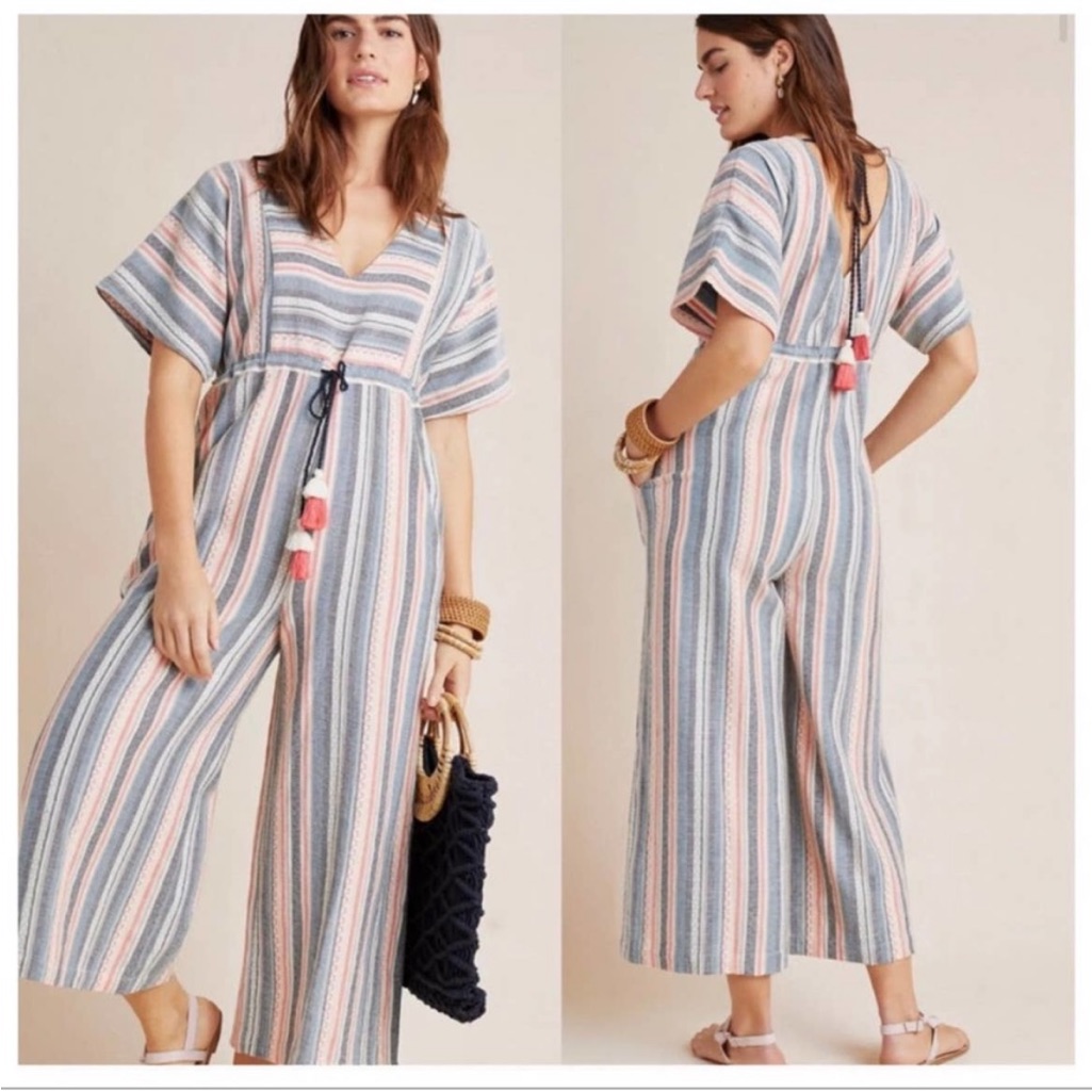 Anthropologie The Odells Monroe Striped Jumpsuit Multicolor V-Neck Pockets Xs.